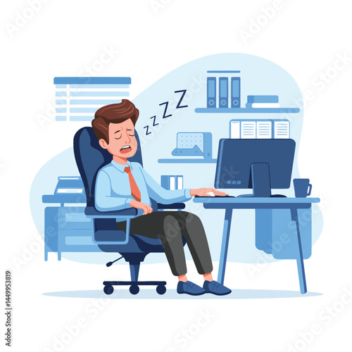 businessman sleeping on chair with office background flat illustration on blue white background color