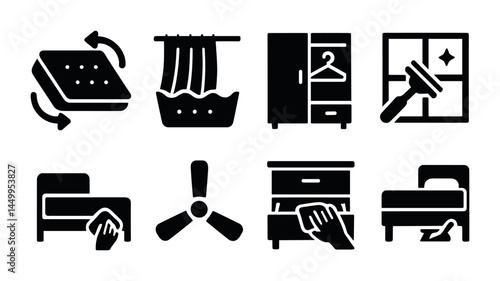 Home cleaning solid icons set - housekeeping, chores, domestic hygiene symbols