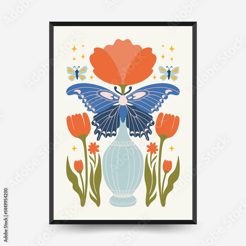 Abstract floral posters template. Modern trendy Matisse minimal style. Pink and blue colors. Hand drawn design for wallpaper, wall decor, print, postcard, cover, template, banner.