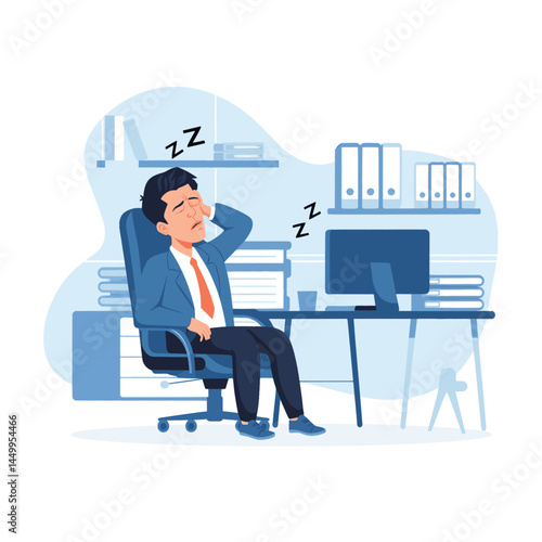 businessman sleeping on chair with office background flat illustration