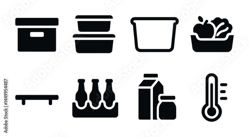 Food storage solid icons set – filled, kitchen organization and preservation symbols
