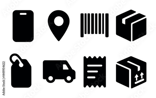 E-commerce and shipping icons set – solid, filled, online shopping and delivery symbols