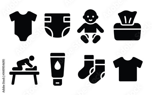 Baby care solid icon set – outline, infant essentials, newborn necessities symbols