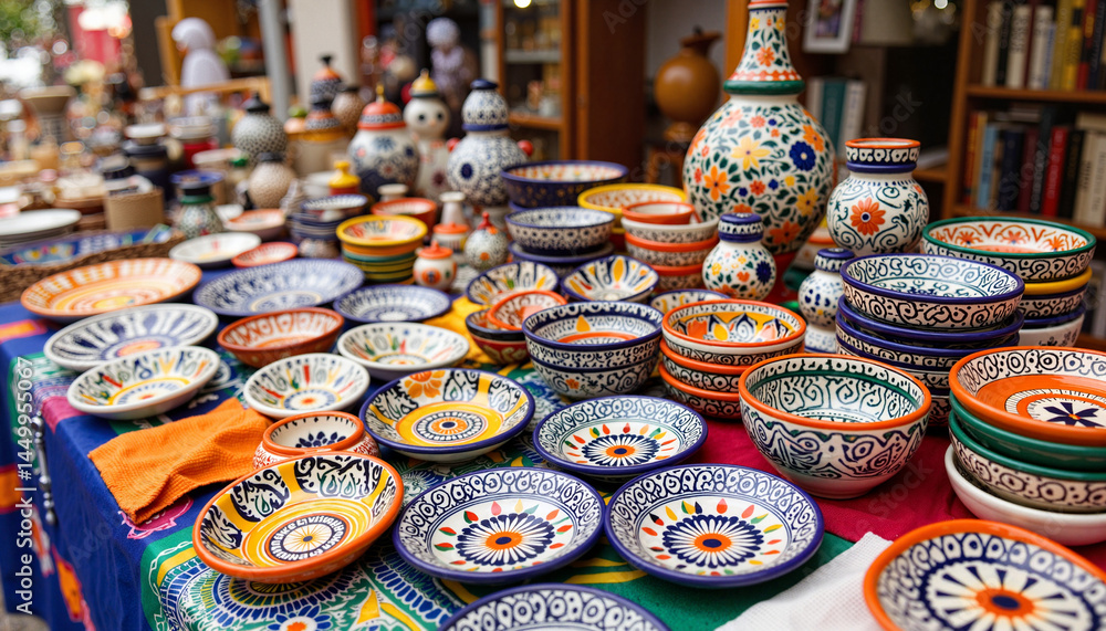 Fototapeta premium Colorful Talavera pottery displayed at artisan market, Mexican craftsmanship