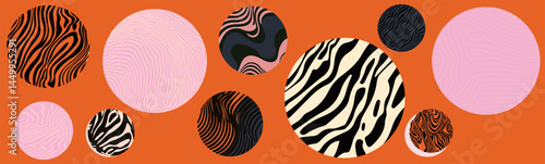 Abstract vector circles with wavy and zebra-like line patterns in bold colors, arranged on an orange background, creating a playful and modern geometric composition.