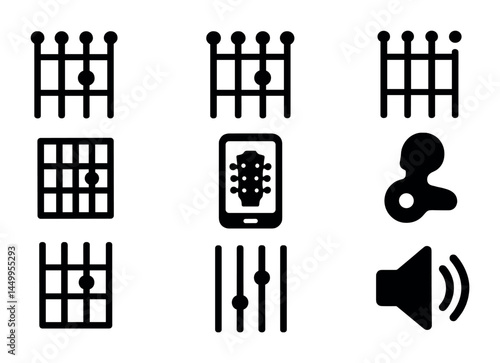 Guitar chord solid icons set – flat, filled, music and string instrument symbols