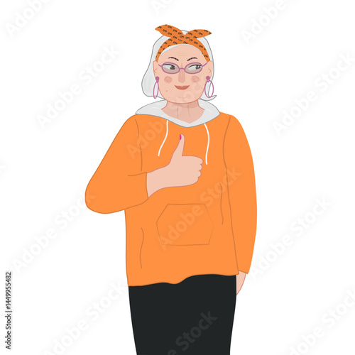 Portrait of aged gray-haired woman wearing stylish casual clothes and accessories. Trendy outfit of old lady. Colored flat graphic vector illustration of modern granny isolated on white background