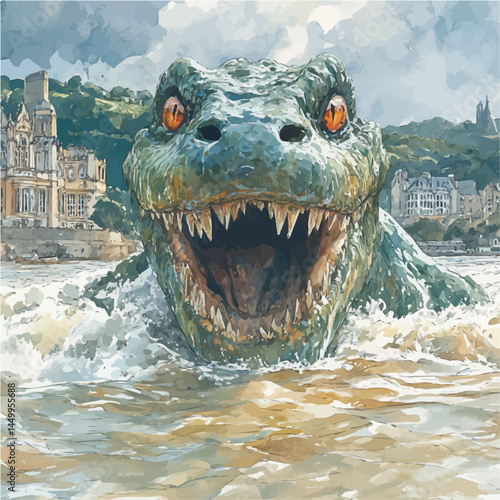 Loch Ness Monster Rising From The Scottish Lake, vector watercolor illustration, isolated on a white background.