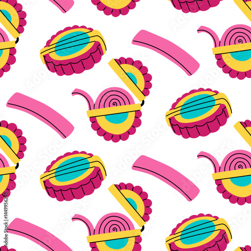 pattern of chewing gum in a roll. the package with long strip of chewable candies is open. Pink chewing gum with insulation. Bright flat colored texture in form of doodles. Chewing gum from 90s, 2000s