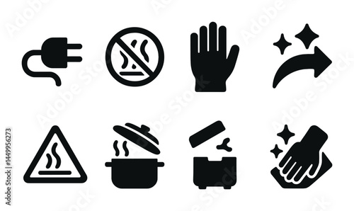 Kitchen safety solid icons set – filled, cooking hazards and prevention symbols
