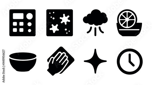 Home cleaning and hygiene solid icons set – household, sanitation, domestic chores symbols