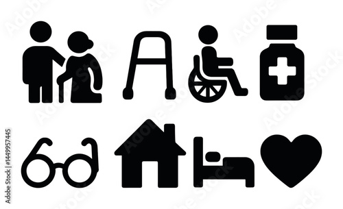 Senior care solid icons set – filled, elder support and healthcare assistance symbols