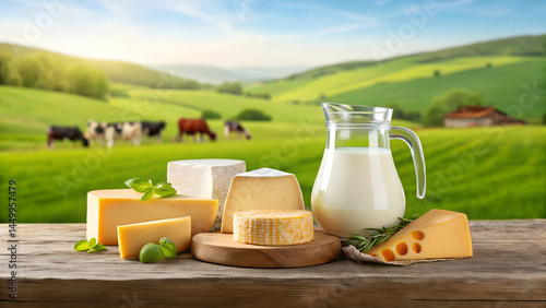 Artisan cheese and fresh milk displayed on a rustic table with a scenic farm background. Hilled landscape with grazing cows on a green meadow grassland