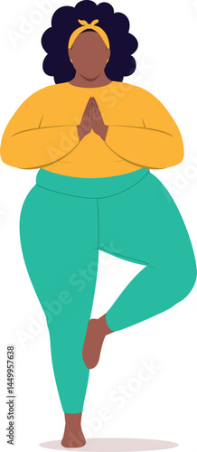 One Overweight Black Woman In Activewear Standing And Doing Yoga In Prayer Pose On One Leg.