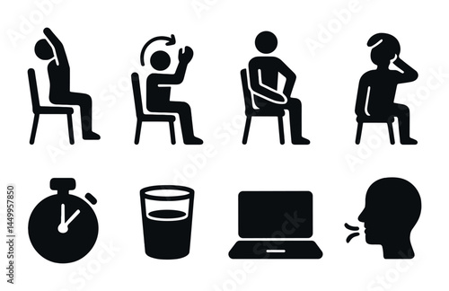 Workplace wellness silhouette icons set – exercise, health, and ergonomics symbols