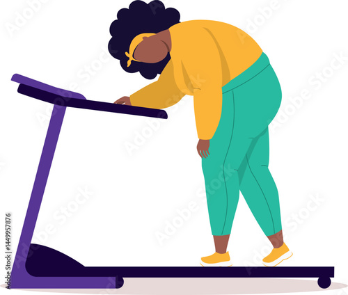 One Overweight Black Woman Feeling Exhausted After Running On A Treadmill.