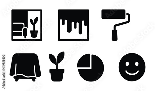 Home decor and interior design solid icon set – furniture, decoration, style symbols