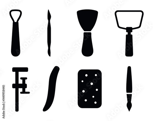 Pottery and ceramic tools solid icons set – silhouette, crafting, sculpting essentials
