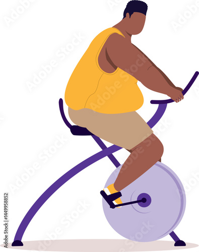Side View Of One Overweight Black Man Cycling On An Exercise Bike.