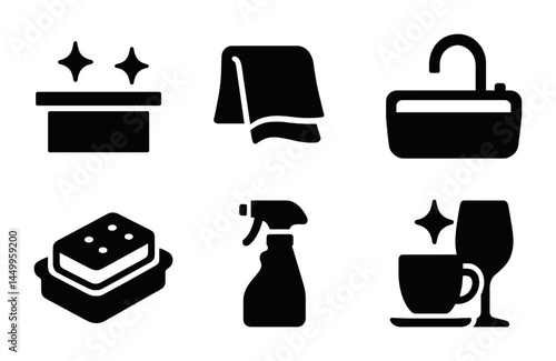 Home cleaning silhouette icons set - household, sanitation, and tidying symbols