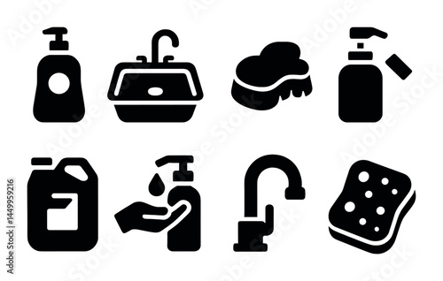 Hygiene and sanitation solid icons set – disinfecting, cleaning, health essentials symbols