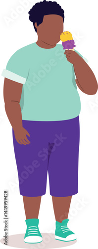 One Overweight Black Little Boy Eating Ice-Cream.