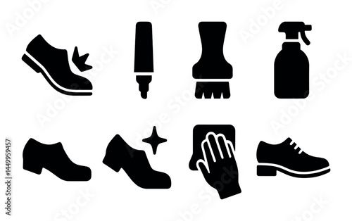 Shoe care silhouette icons – footwear maintenance, cleaning tools, shoe shine symbols