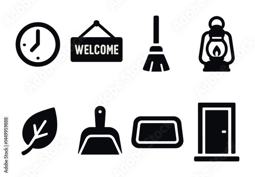 Home and garden solid icon set – filled, household tools and domestic activity symbols