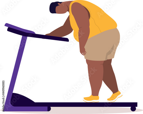 One Overweight Black Man Feeling Exhausted After Running On A Treadmill.