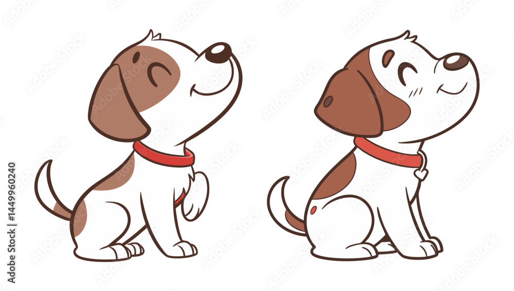 Two Cartoon Beagle Puppies Sitting and Smiling Cheerfully with Colorful Expressions Vector Illustration Two Cartoon Beagle Puppies Sitting and Smiling Cheerfully with Colorful Expressions Vector Illustration
