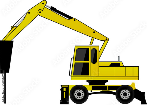 Powerful Yellow Excavator with Hydraulic Breaker Engaged in Demolishing Work Heavy Construction Equipment