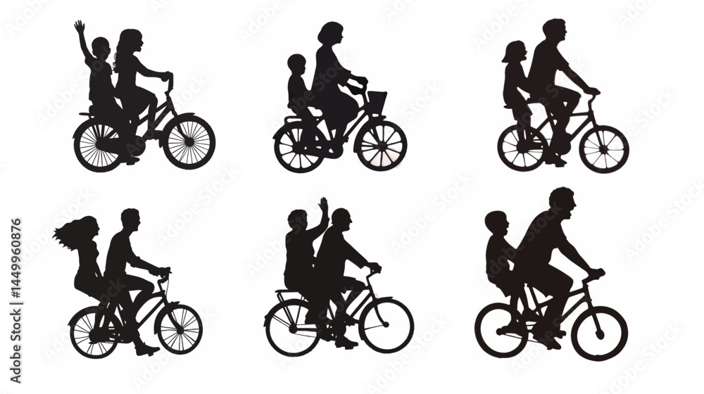 Obraz premium Silhouette set of family riding bicycle. Concept of family, picnic, bonding activity, world bicycle day