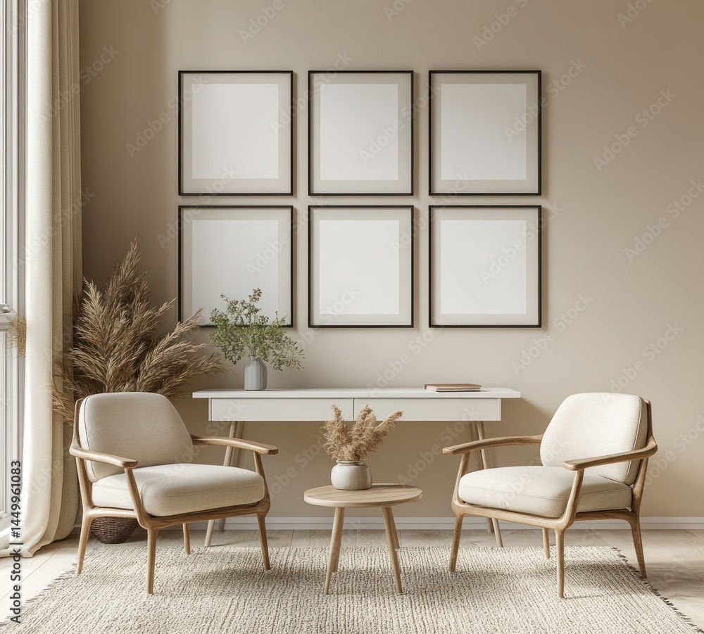 Cozy modern living room with neutral colors, framed art, plants, and elegant furniture for a relaxed atmosphere Cozy modern living room with neutral colors, framed art, plants, and elegant furniture for a relaxed atmosphere