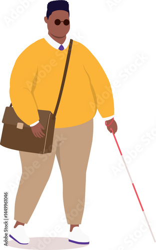 One Plus Size Visually Impaired Black Man With Sun Glasses Walking With White Cane.