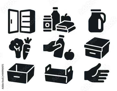 Pantry and food storage solid icons set – organized, kitchen essentials, preservation symbols