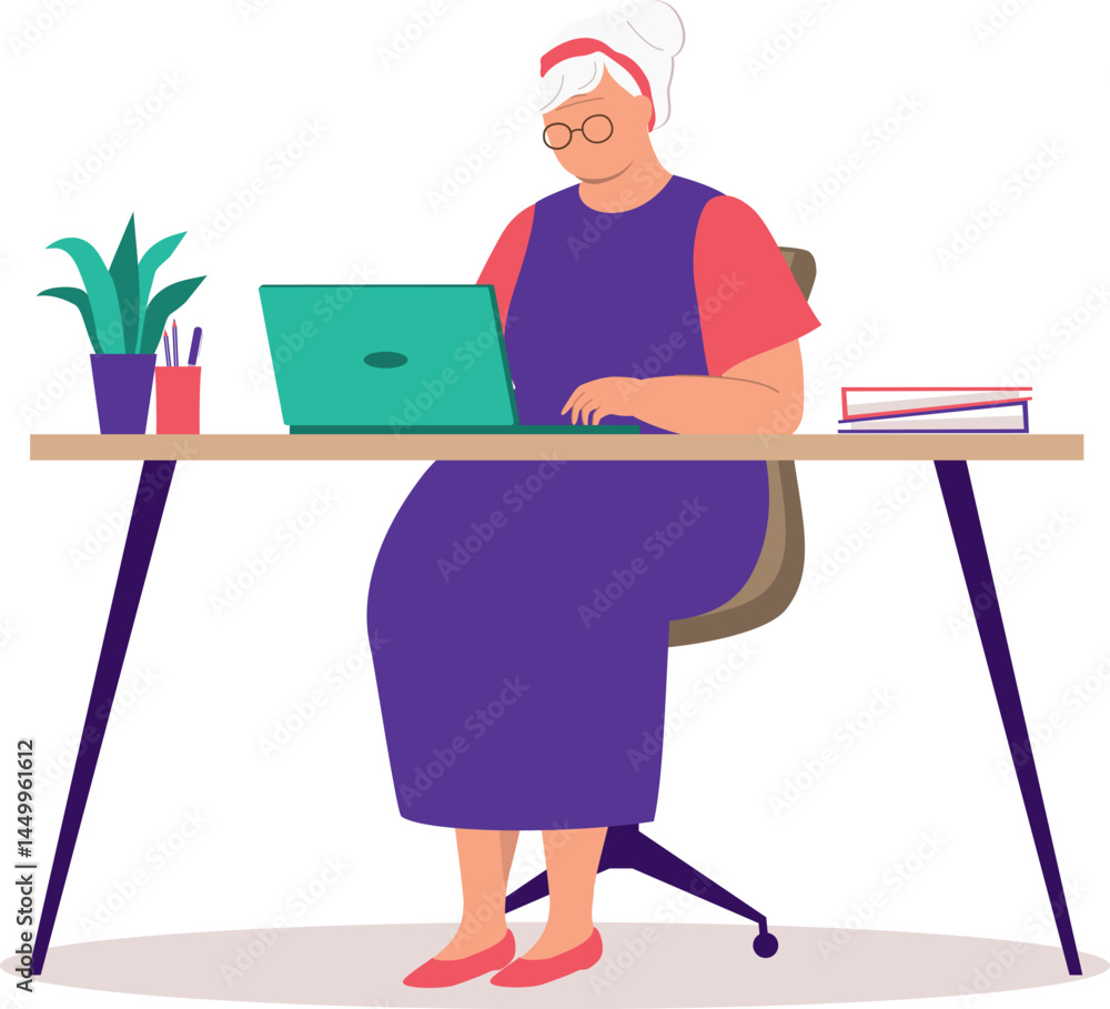 Fototapeta premium One Elderly Woman Sitting At Desk Using Laptop.
