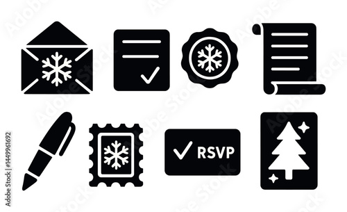 Winter holiday celebration silhouette icons set – christmas, festive, seasonal symbols