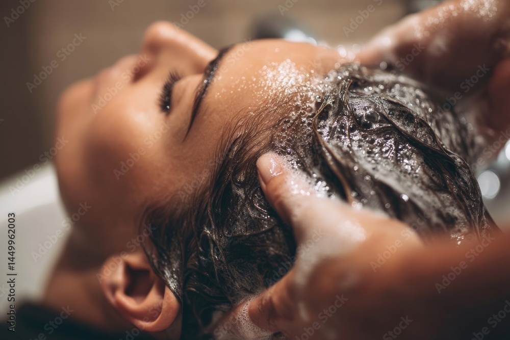 © Marcos Kulenkampff - Close-up of a woman getting her hair washed at a salon, enjoying a relaxing scalp massage. © Marcos Kulenkampff - Close-up of a woman getting her hair washed at a salon, enjoying a relaxing scalp massage.