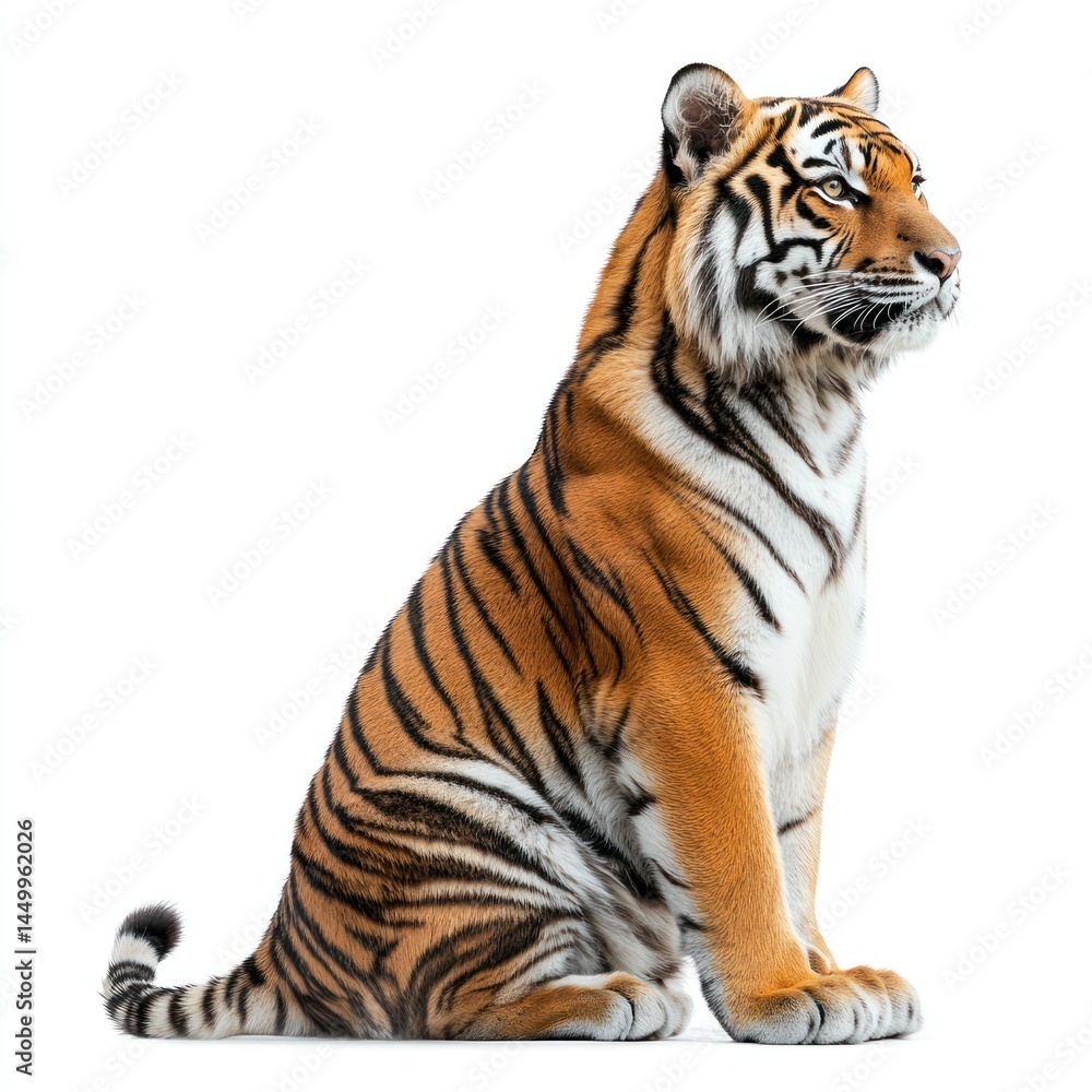 Fototapeta premium Majestic Tiger Sitting Gracefully Against a White Background Showcasing Striking Orange Fur and Distinctive Black Stripes