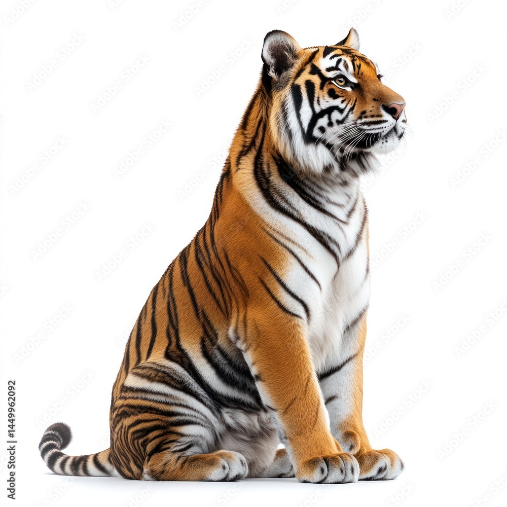 Obraz premium Majestic Tiger Sitting Gracefully with Striking Orange Fur and Distinctive Black Stripes Against a White Background