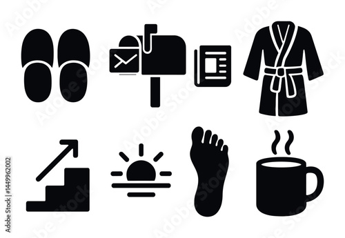 Daily routine filled icons set – solid, lifestyle and home activity symbols