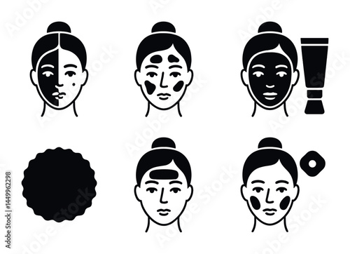 Facial skincare routine icons set – silhouette, beauty and face care symbol designs