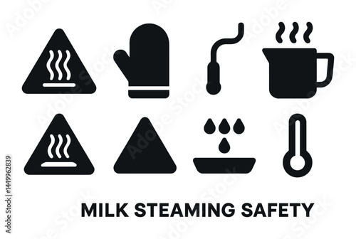 Milk steaming safety icons set – solid, filled, heat precaution symbols for coffee shops