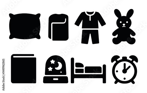 Bedtime and sleep solid icons set – filled, nighttime relaxation and sleep aid symbols