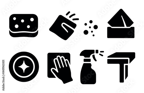 Cleaning tools solid icons set – hygiene, sanitation, cleaning supply symbols