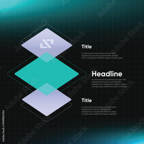 Tech three Infographic Layout. Modern Design with Three Data Panels, Headline, and Title Space for Business Presentations. 3 stack developer information graphic