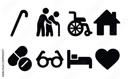 Elderly care silhouette icons set – flat, solid, senior support and assistance symbols