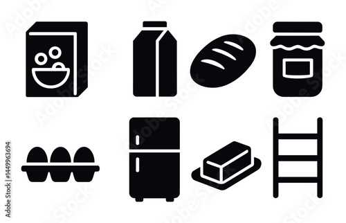 Breakfast and grocery solid icons set – silhouette, kitchen essentials and food symbols