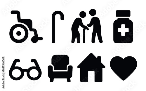 Elderly care solid icons set – healthcare, senior assistance, and geriatric support symbols