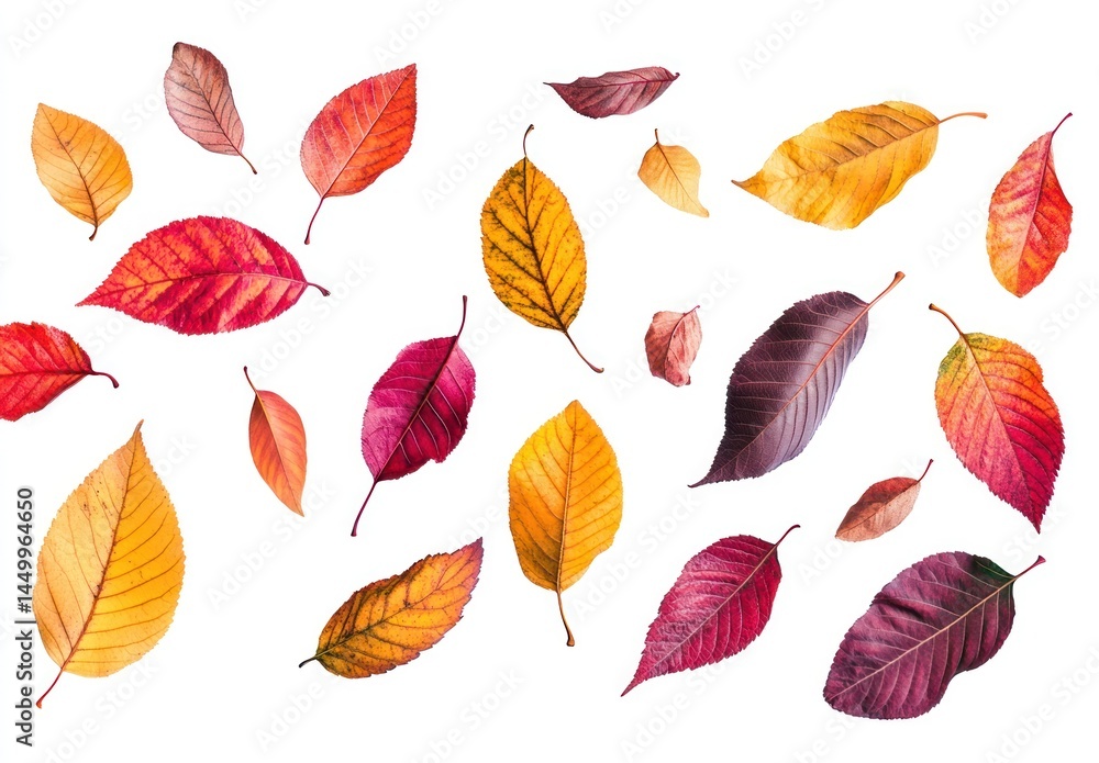 Fototapeta premium Colorful Autumn Leaves on White Background Creating a Vibrant Natural Aesthetic for Seasonal Decor or Craft Projects